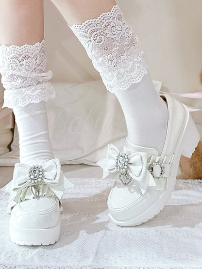 PU Leather Polished White Jirai Kei 7.5cm High Heels with Rhinestone Bead Bow, Ruffles Edging & Slip-On Comfort