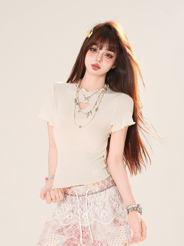 Pink/Apricot Crew Neck Heart-shaped Cutout Lettuce Hem T-shirt