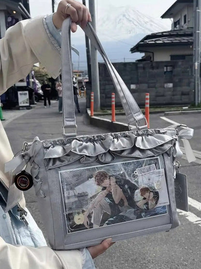 Silver Satin Ruffle Trims Self-tie Straps Ita Bag With Bow Card Holder