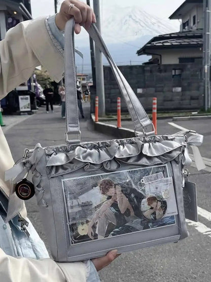 Silver Satin Ruffle Trims Self-tie Straps Ita Bag With Bow Card Holder