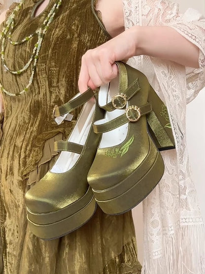 Green Detachable Bowknot Lily of the Valley Embroidery High Block Heel Platform Mary Janes