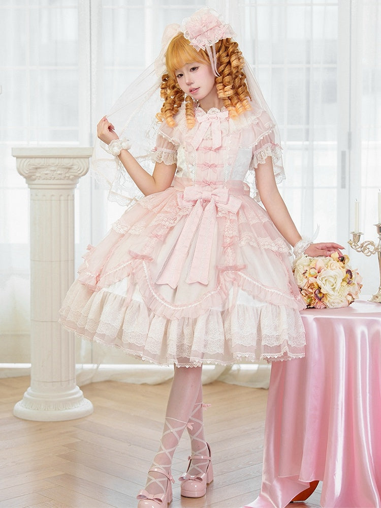 Pink Scalloped Edge Trim Overlay Skirt Princess Lolita Dress with Detachable Sleeves
