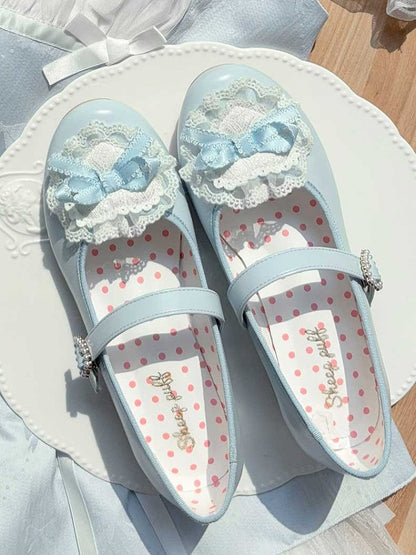 Blue Bow at Top Lace Trim Beaded Heart Buckles Lolita Shoes