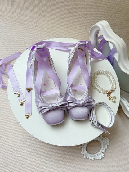 Purple Elegant Bow at Top Mary Janes With 3 Detachable Buckle Ankle Straps