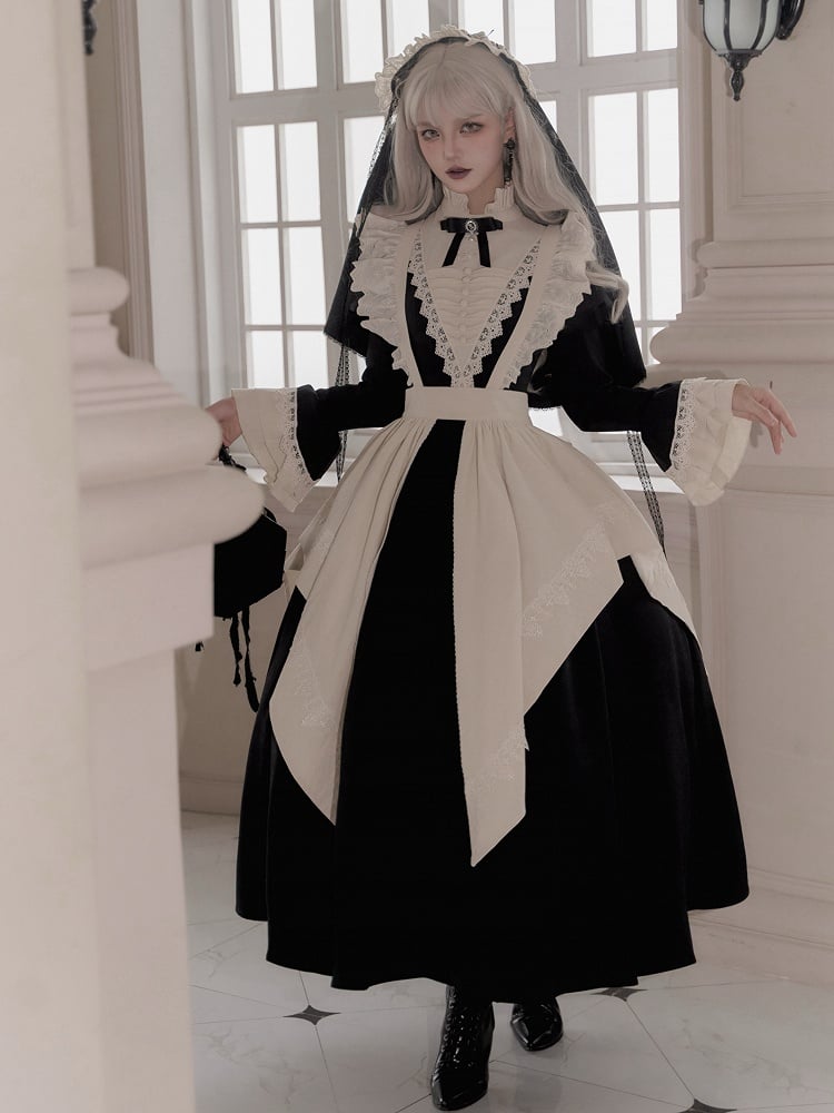Clearance-Size S for Bust 84CM Elegant Black and Beige Ruffle Banded Collar Gothic Nun Lolita Dress Long Version