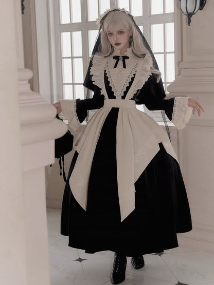 Clearance-Size S for Bust 84CM Elegant Black and Beige Ruffle Banded Collar Gothic Nun Lolita Dress Long Version
