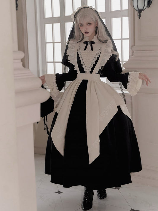 Clearance-Size S for Bust 84CM Elegant Black and Beige Ruffle Banded Collar Gothic Nun Lolita Dress Long Version