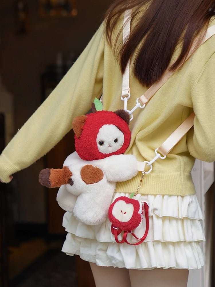 White Cute Kitty Heart Plush Backpack/Crossbody Bag + Red Apple Hat + Apple Backpack Keychian Middle/Large Size
