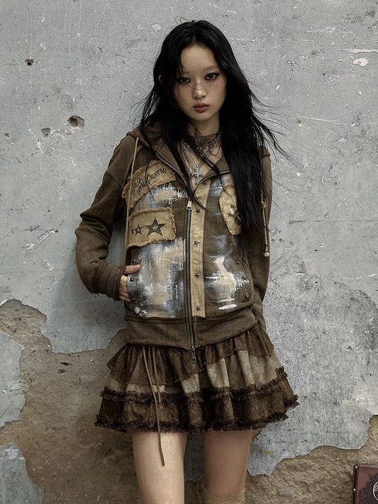 Sweetheart Applique Brown Gothic Punk Distressed Zip Hoodie with Studs