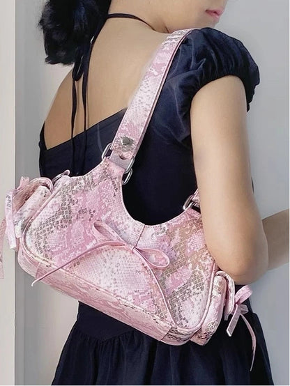 Pink 2 Ways Spicy Girl Style Daily Ita Bag with Bowknot & Snakeskin Embossing
