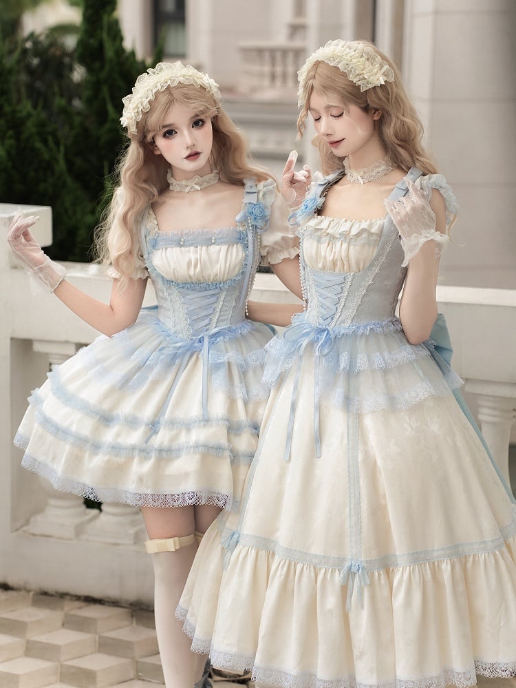 Beige and Light Blue Slim Fit Waist Versatile Neckline Lolita JSK Full Set