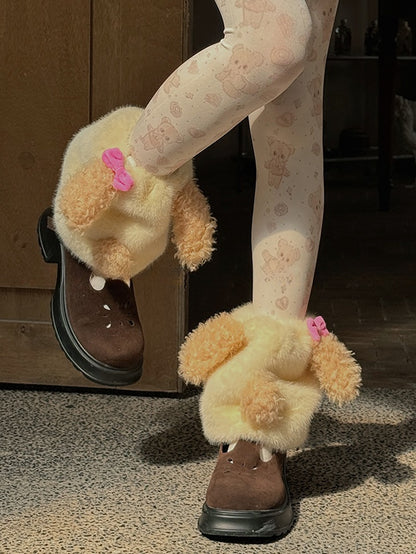 Creamy Yellow Sweet Puppy Bowknot Plush Leg Warmers