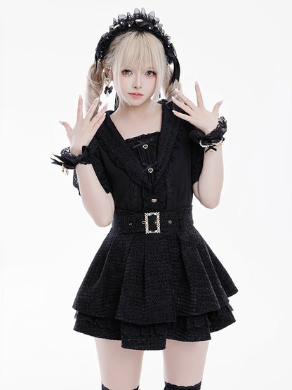 Jirai Kei Sailor Collar Black Short Sleeves Blouse Bowknot and Sweetheart Rhinestone Decorations