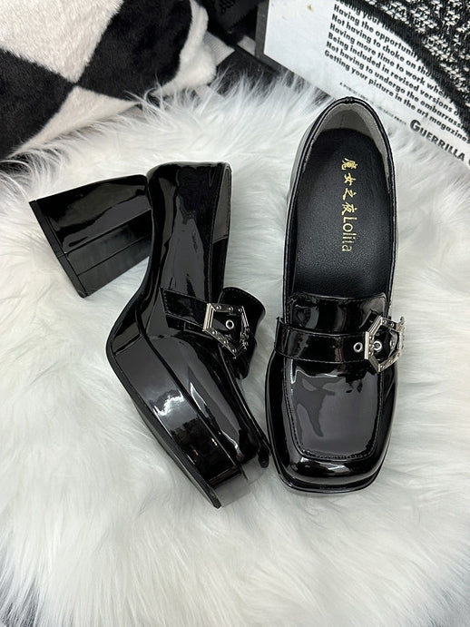 Black High Block Heel Platform Slipons Punk Shoes