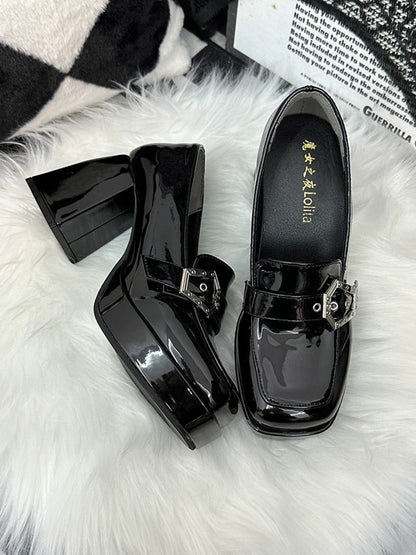 Black High Block Heel Platform Slipons Punk Shoes