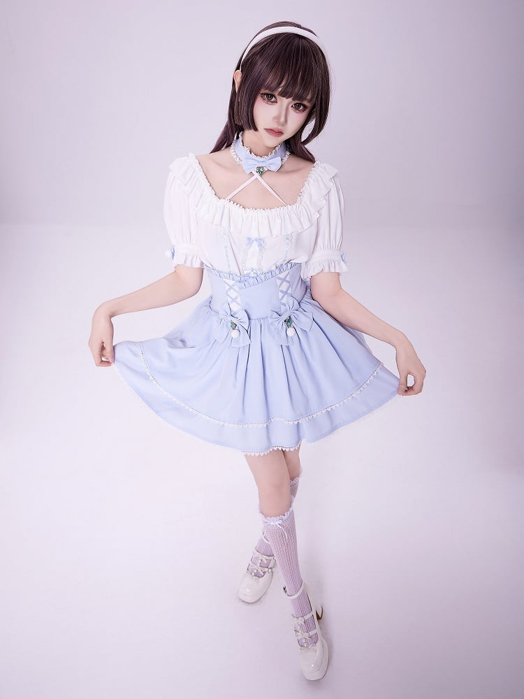 White Square Neckline with Blue Choker Halter Neck Jirai Kei Short Sleeves Blouse