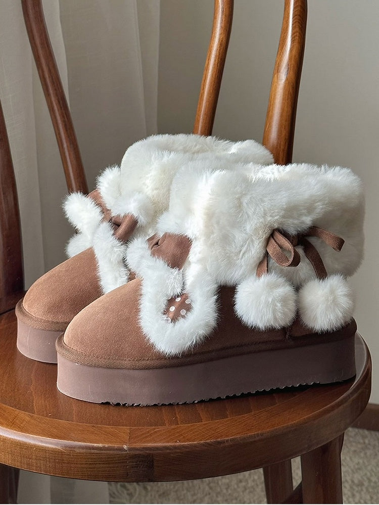 Sweet Lolita Dark Brown Platform Snow Boots - Plush Polka Dot Bunny Ears, Furry Lining & Pompoms Charm Self-Tie Straps