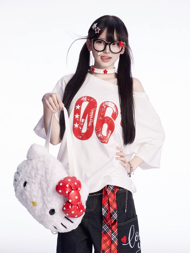 Vintage Number Print White Asymmetrical Neckline T-shirt