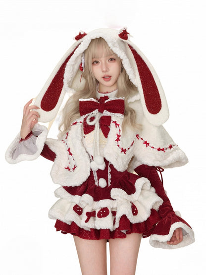 Christmas Red Velvet Tiered Halter Dress with White Plush Trim & Free Armwear