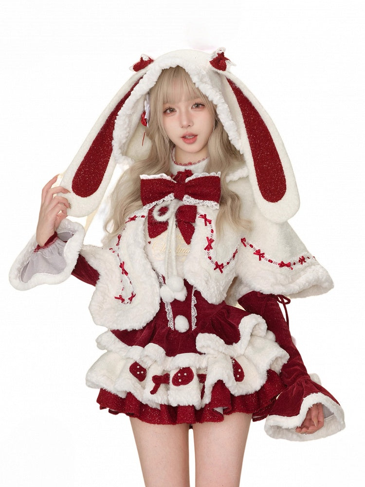 Christmas Red Velvet Tiered Halter Dress with White Plush Trim & Free Armwear