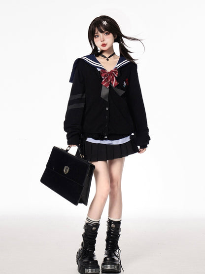 JK Uniform Preppy Style Black/Gray V-neck Knit Cardigan for Autumn
