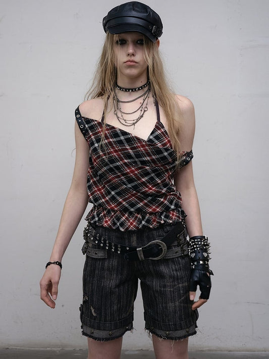 Black Wasteland Punk Studs Decorated Buckle Details Faded Wash Shorts