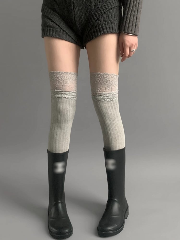White/Black/Dark Gray/Beige/Light Gray Lace Trim Knitted Over-knee Stockings