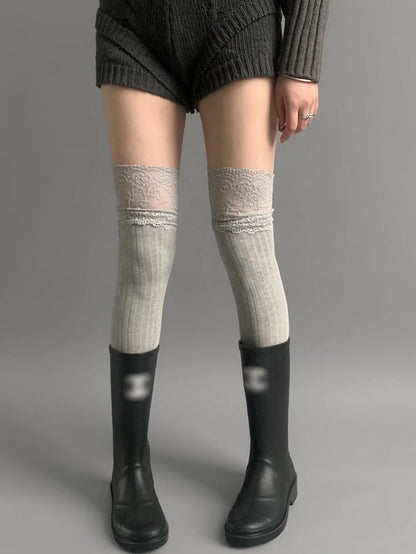 White/Black/Dark Gray/Beige/Light Gray Lace Trim Knitted Over-knee Stockings