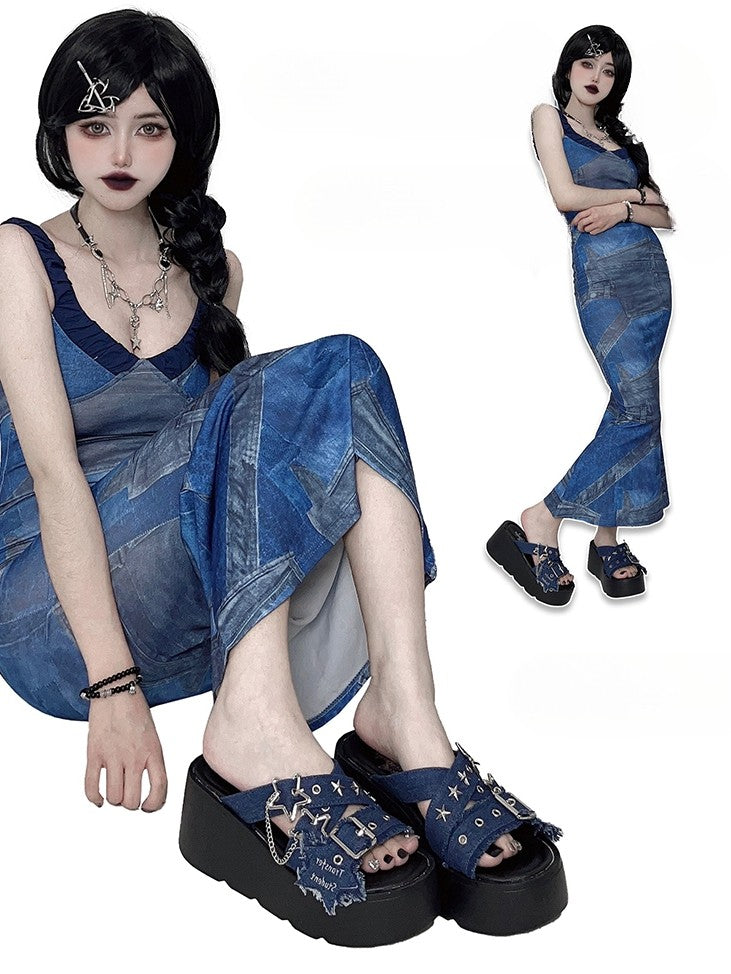 Star-shaped Buckles and Studs Blue Denim Punk Platform Slippers