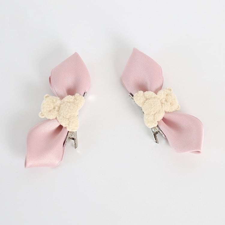 A Pair of Pink Bowknot Hairclips with Beige Bear Decorations