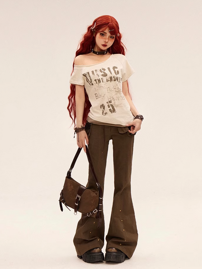 Apricot Asymmetrical Neckline Letter Print Slim-fitting T-shirt