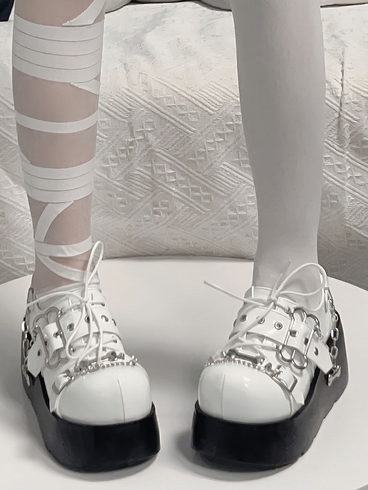 Jirai Kei Polished White Y2K Bone Design Buckle Strap Platform Shoes