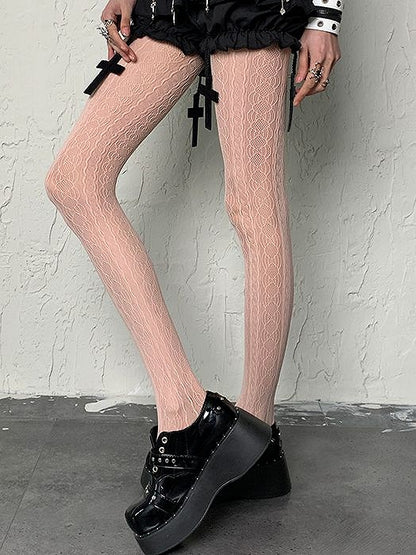 Wasteland Punk Light Pink Striped Hollow-out Design Y2K Tights