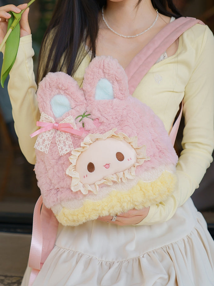 Pink&Yellow Cute Bowknot Decorated Plush Rabbit Backpack