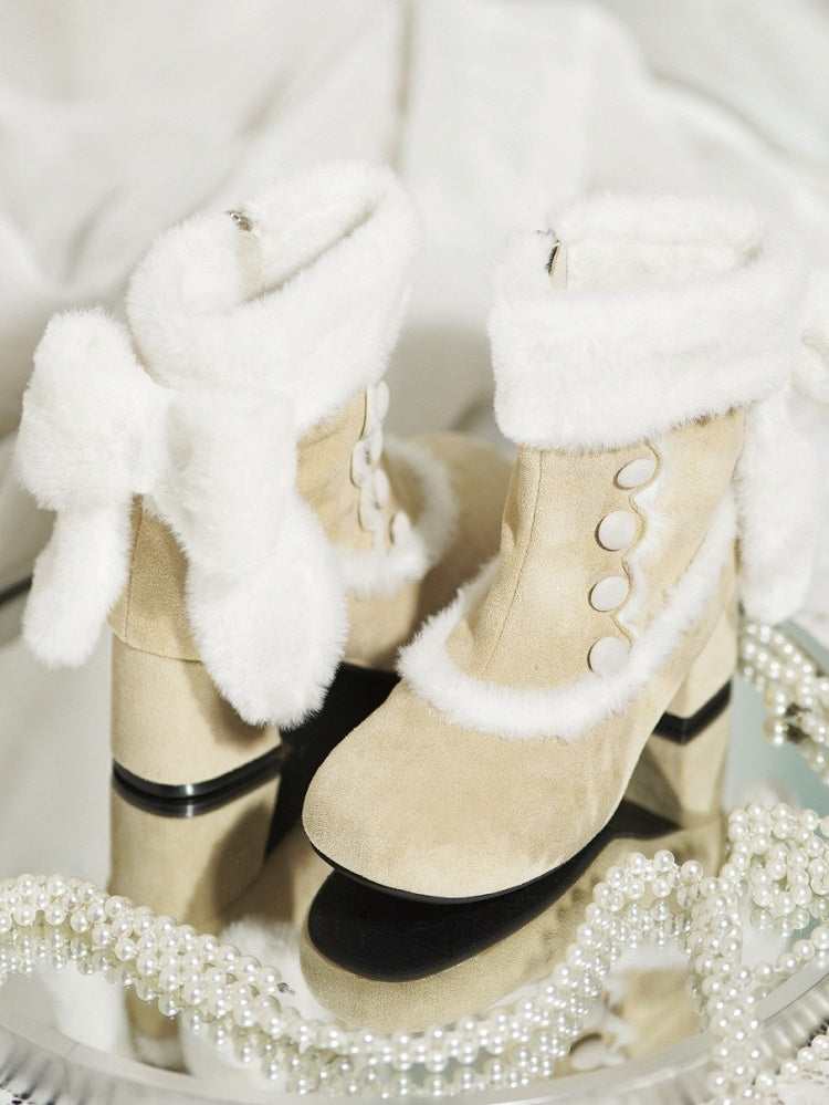 Button Details, Plush Bow & Fur Cuff Mid-heel Beige Boots in Sweet Lolita