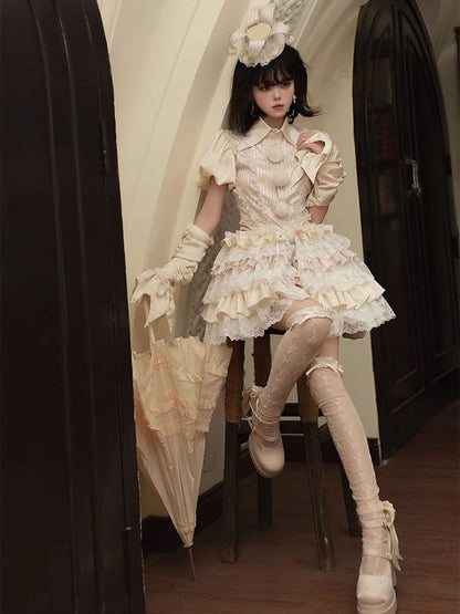 Circus Clown Vibes Ouji Lolita Outfit - Apricot Pointed Collar Shirt + Bloomer Shorts + Garters