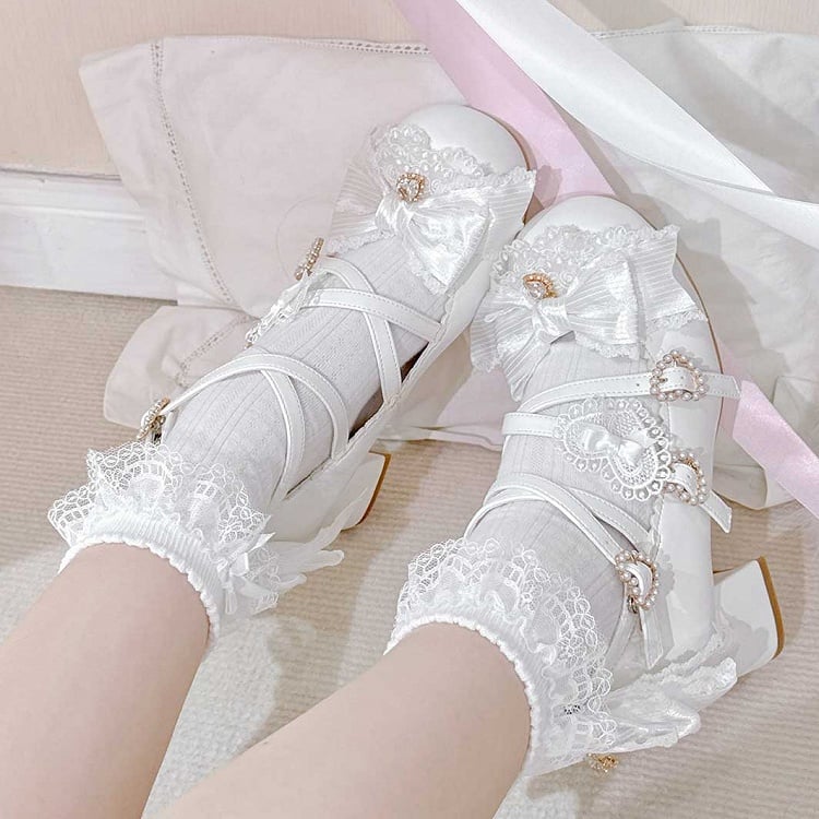 White Sweet Lolita Bowknot Details Crisscross Design Heart Buckle Straps 5CM Block Heels Shoes