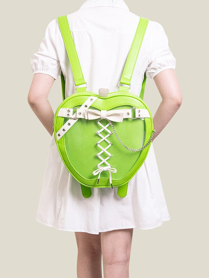 Chic Green Apple-Shaped Ita Backpack With White Belt And Bow Accents