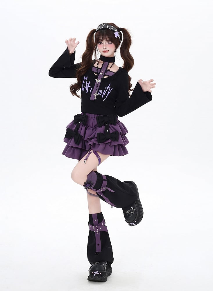 Black/Purple Bell Sleeves Cross Design Gothic Top and Choker All-in-one