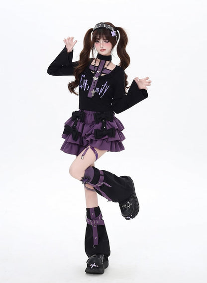 Black/Purple Bell Sleeves Cross Design Gothic Top and Choker All-in-one