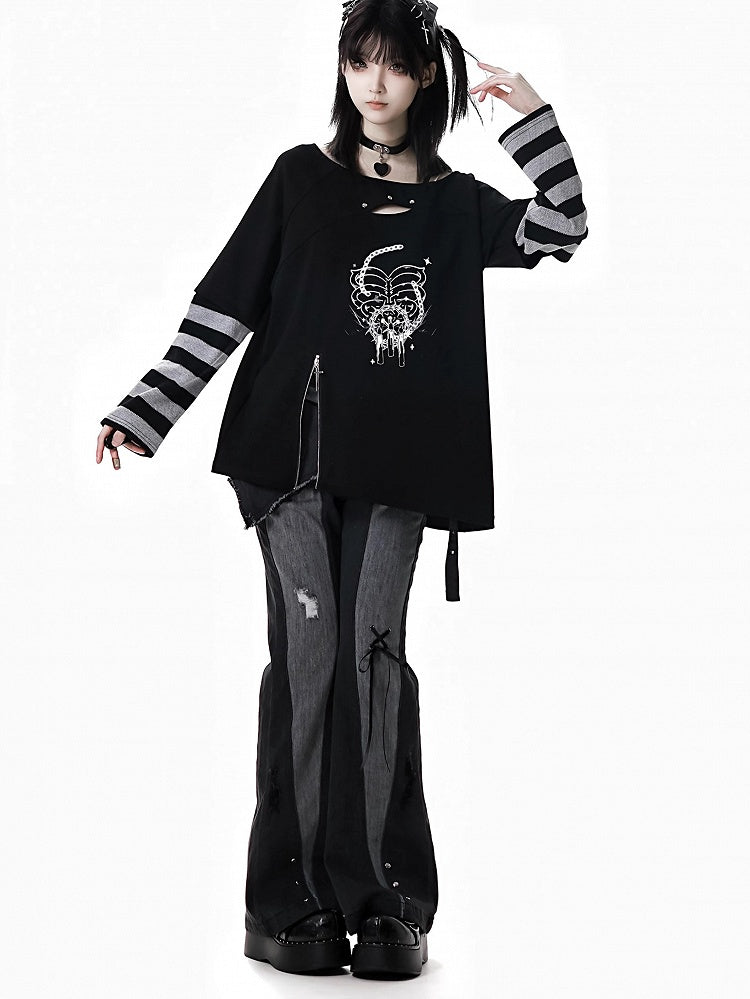 Black Distressed Holes Asymmetrical Waistline Flared Jeans