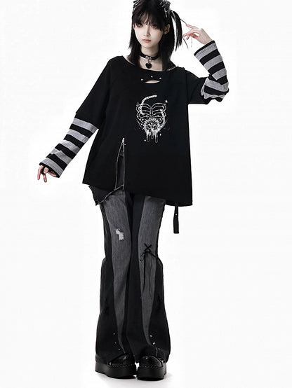 Black Distressed Holes Asymmetrical Waistline Flared Jeans