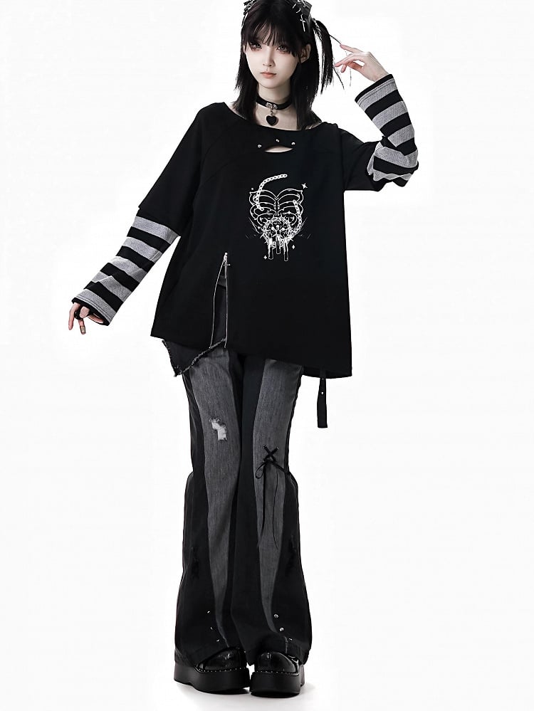 Black Distressed Holes Asymmetrical Waistline Flared Jeans