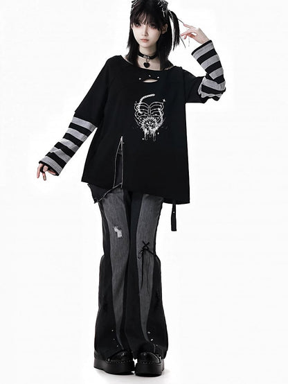 Black Distressed Holes Asymmetrical Waistline Flared Jeans