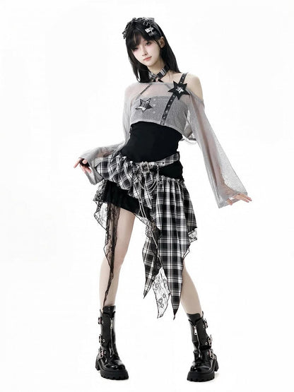 Black/Gray Star Strap Distressed Holes Punk Rock Hollow-Out Cropped Coverup