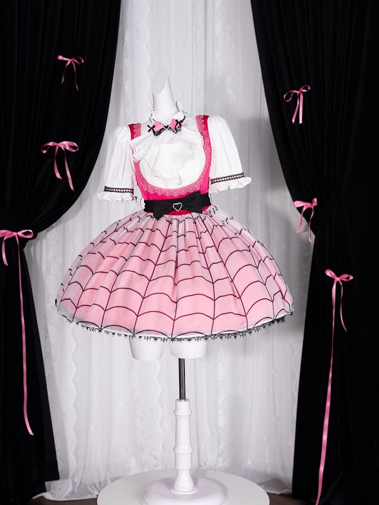 Fanart Fashion Hot Pink Cute Under Bust Dress Spider Web Print Overlay Skirt