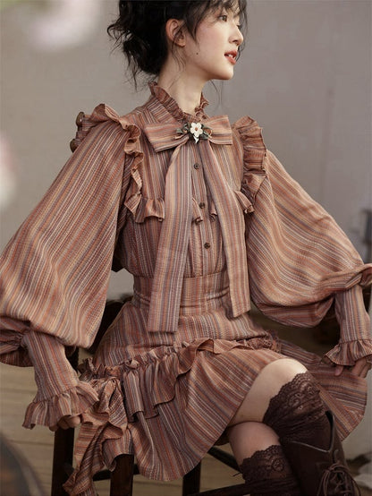 Reddish Brown Striped Pattern Vintage Bishop Sleeves Ruffle Trim Blouse