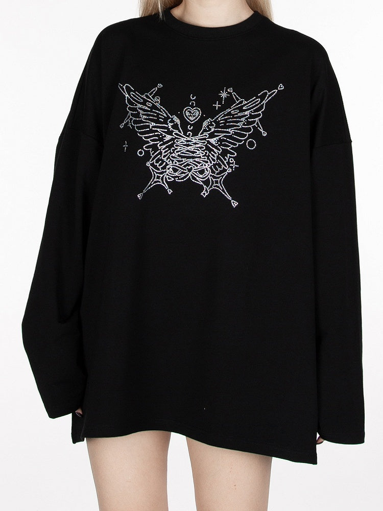 Black Rhinestone Butterfly Loose Sweatshirt