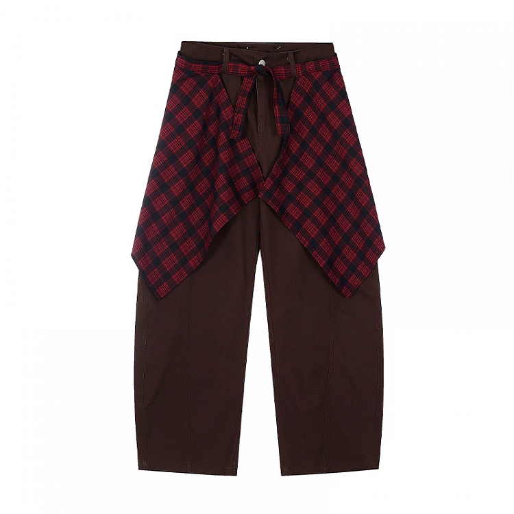 Dark Gray/Brown Low Rise Vintage Wide-leg Pants with Plaid Waist Accessory