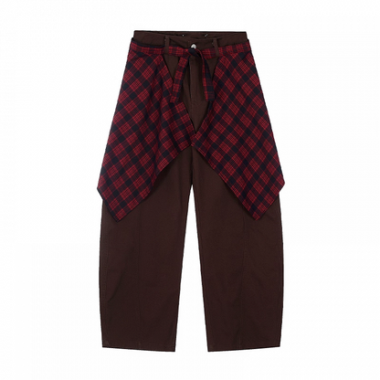 Dark Gray/Brown Low Rise Vintage Wide-leg Pants with Plaid Waist Accessory